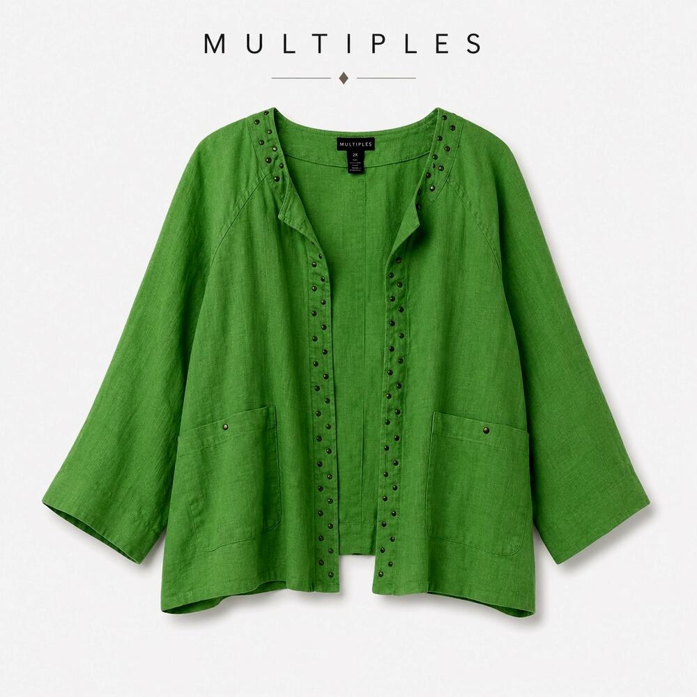 Multiples Linen Jacket 2X Green Studded Open Front Cropped Plus Size Layer